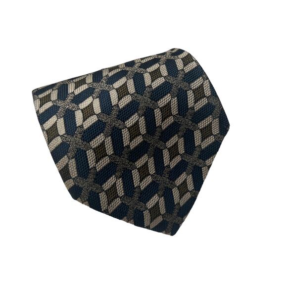 Coach Navy Blue Green Tan Geometric Pattern 100% Silk Neck Tie - Picture 1 of 7